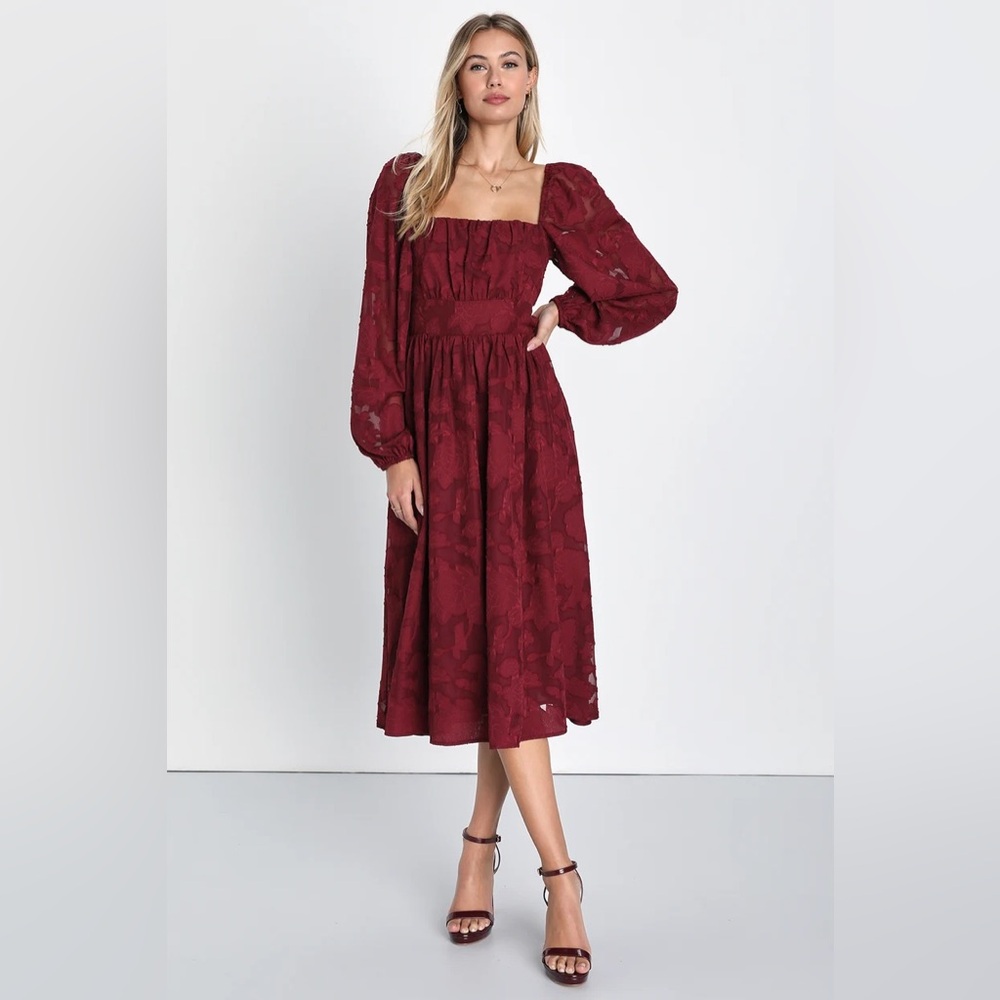 Flirtatious Nature Burgundy Floral Jacquard Lace-Up Midi Dress